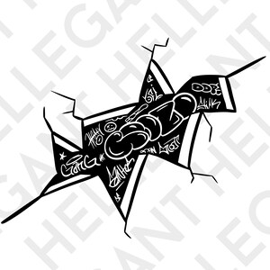 May include: Black and white illustration of a cracked wall with graffiti. The graffiti includes the words "Ganga", "Dope", and "Slatt".