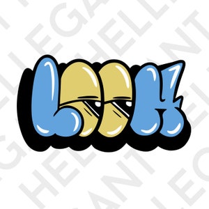 以下が含まれることがあります： 黒色のアウトラインで、青と黄色の「LOOK」という単語のスタイリッシュなグラフィック。文字は、バブルのようなスタイルで描かれています。