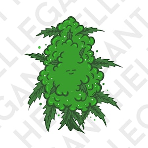 Peut inclure: Une illustration de dessin animé d'un bourgeon de marijuana vert avec des points blancs et un visage souriant. Le bourgeon est entouré de feuilles vertes.