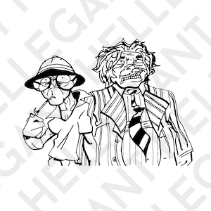 May include: Black and white line drawing of two men. The man on the left is wearing a hat and sunglasses and holding a cigarette. The man on the right is wearing a striped suit and tie.