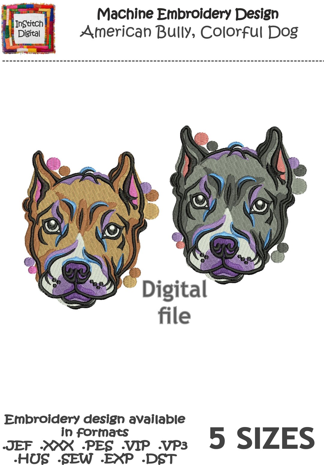 Designer Bully Machine Embroidery Design American Bully, Colorful Dog - Etsy