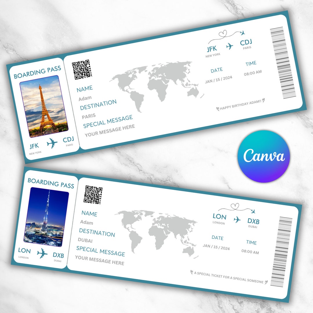 Editable Boarding Pass Template, Airline Ticket Canva, Printable