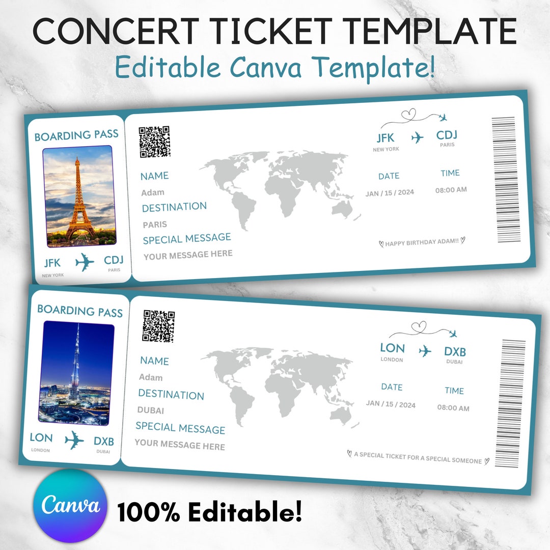 Editable Boarding Pass Template, Airline Ticket Canva, Printable