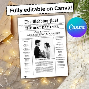 Newspaper Wedding Template, Editable Wedding Newspaper Program, Printable Wedding Infographic, Folded Wedding Day Program, Canva zdjęcie 5