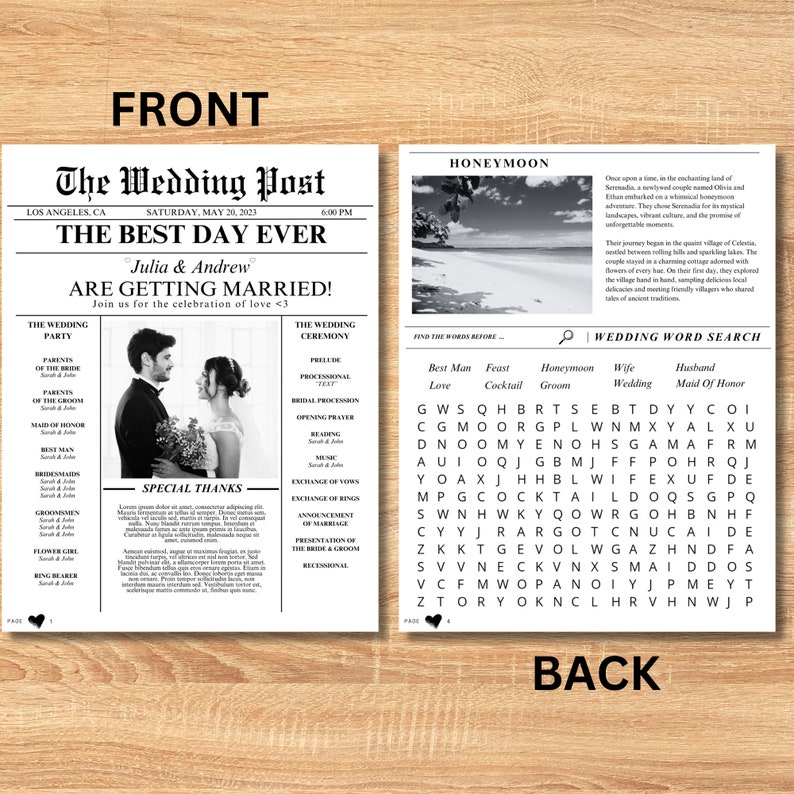 Newspaper Wedding Template, Editable Wedding Newspaper Program, Printable Wedding Infographic, Folded Wedding Day Program, Canva zdjęcie 3
