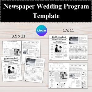 Newspaper Wedding Template, Editable Wedding Newspaper Program, Printable Wedding Infographic, Folded Wedding Day Program, Canva zdjęcie 1