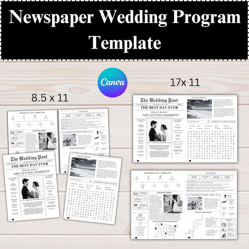 Newspaper Wedding Template, Editable Wedding Newspaper Program, Printable Wedding Infographic, Folded Wedding Day Program, Canva zdjęcie 1