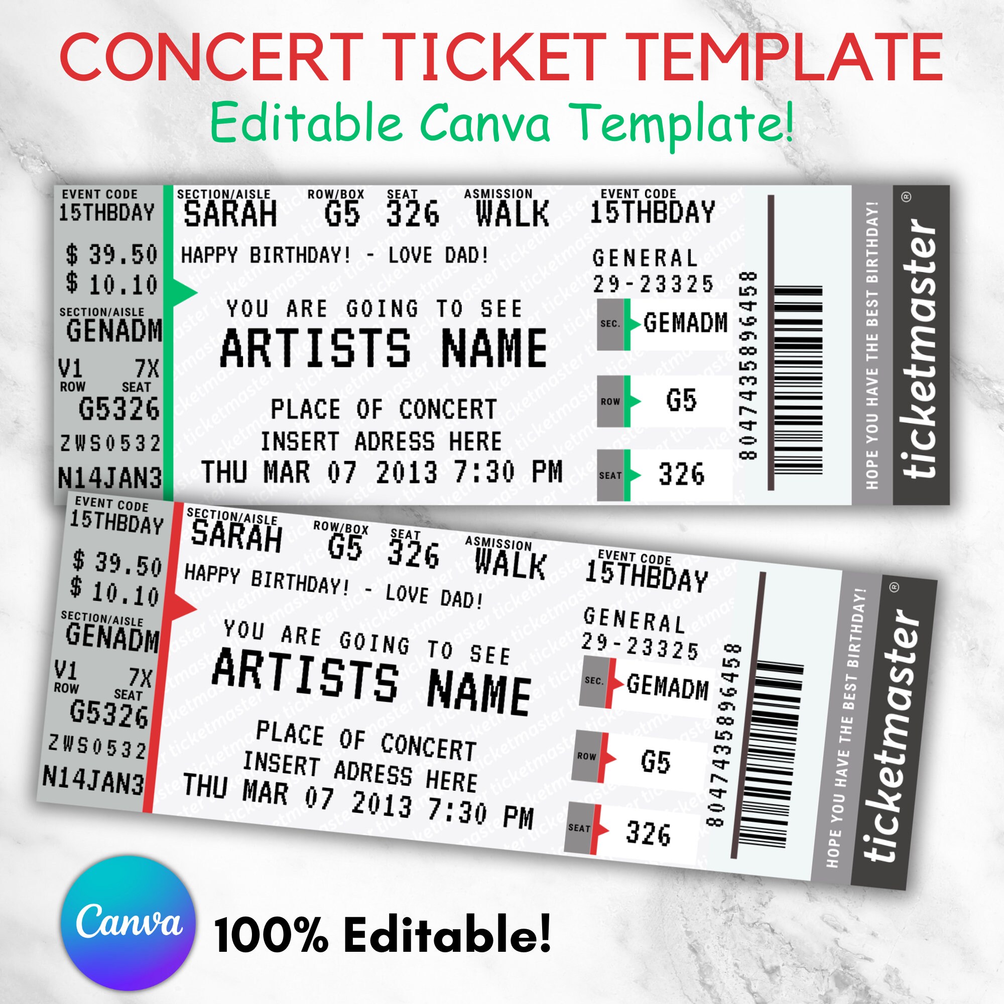 Concert Ticket Gift, Concert Ticket Template, Surprise Ticket, Birthday