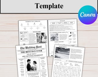 Newspaper format Wedding Template, Editable Wedding Newspaper Program, Printable Wedding Infographic, Folded Wedding Day Program, Canva