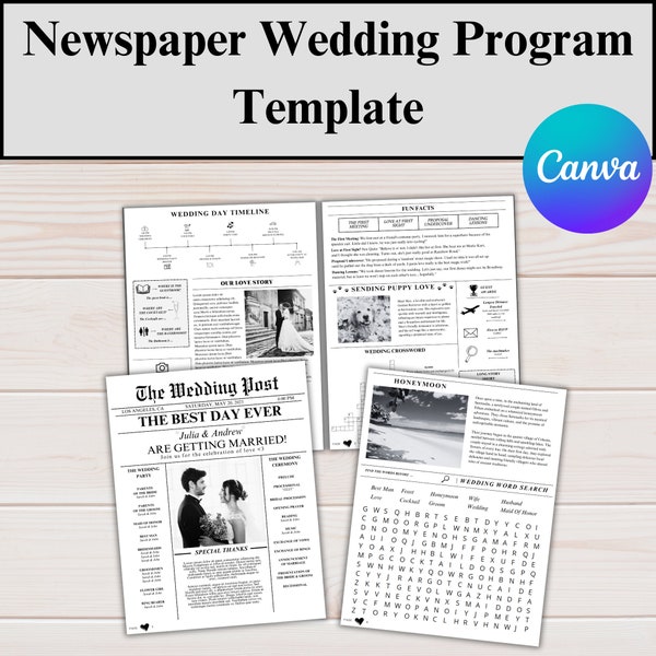 Newspaper format Wedding Template, Editable Wedding Newspaper Program, Printable Wedding Infographic, Folded Wedding Day Program, Canva