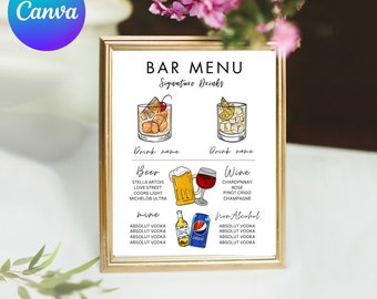 Bar Menu Template, Signature Drinks Sign, Minimalist Printable Bar Menu, Modern Editable Drink Menu Template, Canva menu bar template, Easy