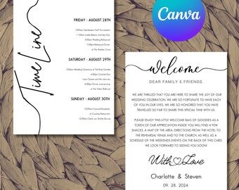 Wedding welcome Letter & Timeline Card, Minimalist Wedding Order of Events, Itinerary Card, Edit with Canva, Instant Download, Wedding Card