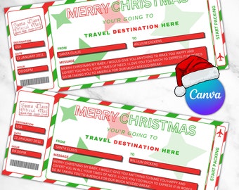 Editable Christmas Boarding Pass Template, Printable Christmas Plane Ticket, Plane Ticket Christmas Canva Template, Surprise Trip.