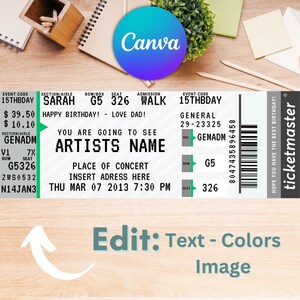 Editable Concert Ticket, Concert Ticket Template, Surprise Ticket, Birthday Gift, Printable Stub, Custom Event Ticket, Gift for her image 2