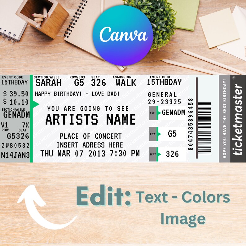 Editable Concert Ticket, Concert Ticket Template, Surprise Ticket, Birthday Gift, Printable Stub, Custom Event Ticket, Gift for her image 2