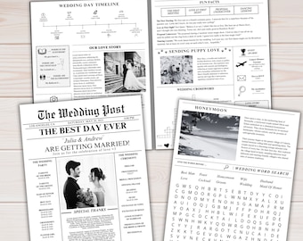 Krant-formaat Bruiloft sjabloon, bewerkbaar bruiloftskrantprogramma, afdrukbare bruiloftsinfographic, gevouwen trouwdagprogramma, Canva