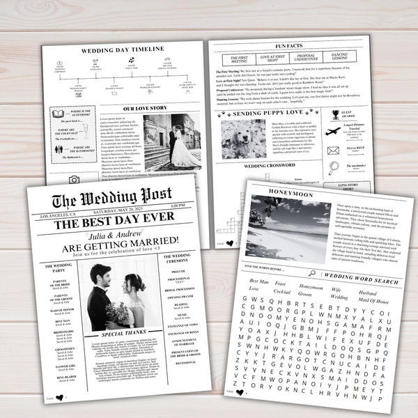 Modèle de mariage au format journal, programme modifiable de journal de mariage, infographie de mariage imprimable, programme plié le jour du mariage, toile