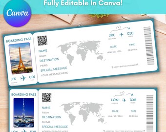 Editable Boarding Pass Template, Airline Ticket Canva, Printable Airplane Tickets, Custom Boarding Pass Canva Template, Boarding Pass Gift