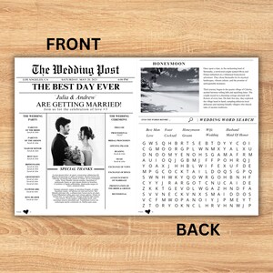 Newspaper Wedding Template, Editable Wedding Newspaper Program, Printable Wedding Infographic, Folded Wedding Day Program, Canva zdjęcie 8