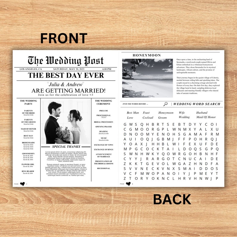 Newspaper Wedding Template, Editable Wedding Newspaper Program, Printable Wedding Infographic, Folded Wedding Day Program, Canva zdjęcie 8