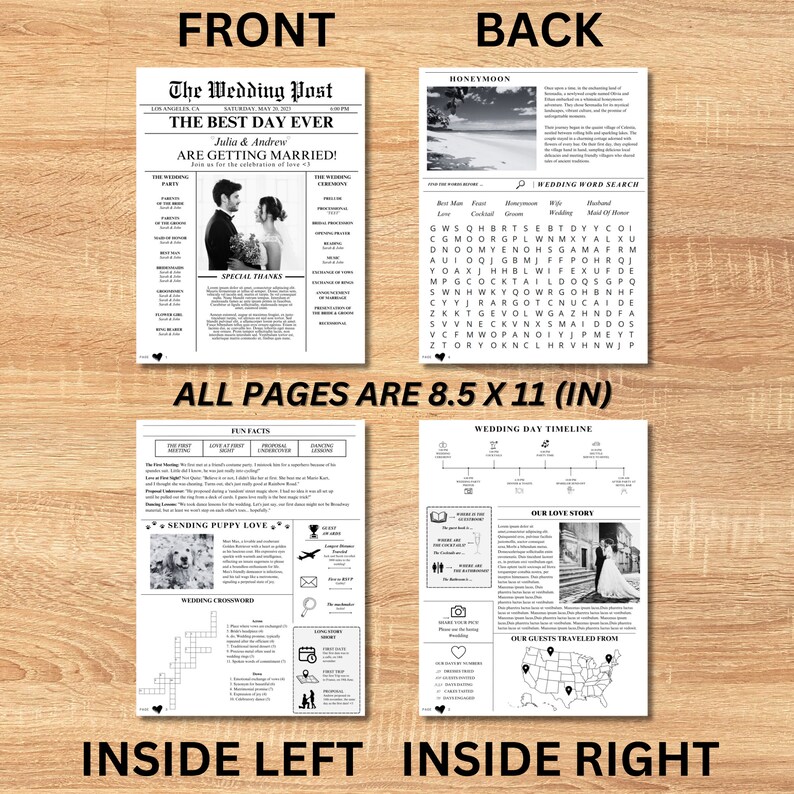 Newspaper Wedding Template, Editable Wedding Newspaper Program, Printable Wedding Infographic, Folded Wedding Day Program, Canva zdjęcie 2