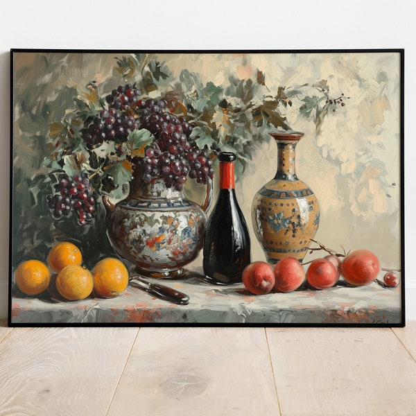 Récolte du vignoble, vase vintage nature morte, art mural cuisine gastronomique, téléchargement numérique imprimable