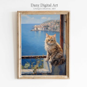 Mittelmeer-Ausblick mit Katze, Küsten digitaler Kunst-Druck, schöne Katze auf dem Seeweg, wunderliche Katzen-Illustration, druckbare digitaler Download