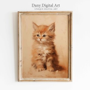 Dolce opera d'arte di gattino, dipinto di un simpatico gatto soffice, illustrazione di un gatto vintage, download digitale stampabile