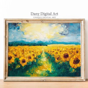 Sonnenblumenwiese mit Pfad, lebendige gelbe Sonnenblumen Kunstwerk, Ölgemälde mit Blick auf die Berge, druckbarer digitaler Download