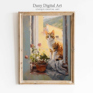 Art numérique de chat mignon et de fleurs, scène de fenêtre confortable, illustration de chat fantaisiste, téléchargement numérique imprimable