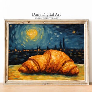 Arte de céu estrelado e croissant, inspiração em Van Gogh, decoração de cozinha surreal, download digital para impressão
