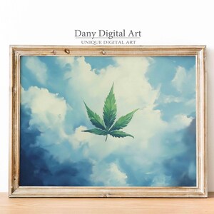 平和な大麻の葉の絵画、空と雲のアート、ユニークな壁の装飾、印刷可能なデジタルダウンロード