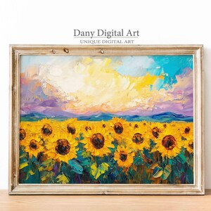 Sonnenblumenfeld bei Sonnenuntergang Gemälde, lebendige Himmel Kunst, bunte Landschaft Wanddekoration, printable digitaler Download