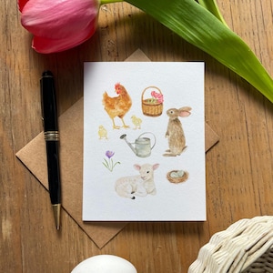 Carte de pâques aquarelle, agneau de pâques, carte de printemps, lapin de pâques, carte de souhait pâques, carte de voeux faite à la main