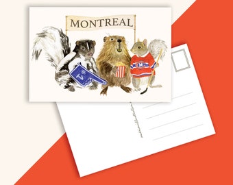 Postcard from Montreal: 3 Canadian supporters from Montreal with popcorn, jersey, banner, foam hand - Skunk, beaver, squirrel