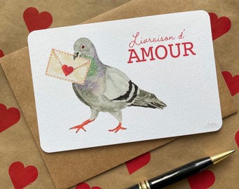 Carte amour aquarelle – Pigeon avec lettre d’amour – Carte romantique illustrée – Papeterie poétique – Carte Saint-Valentin
