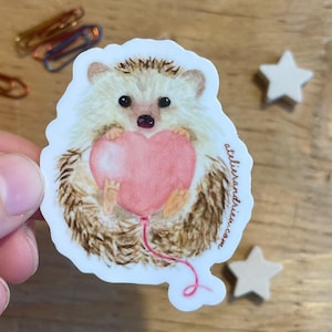 Pegatina globo erizo y corazón, linda pegatina animal, adorable ilustración, decoración para niños, pegatina infantil, San Valentín