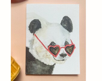 Panda wearing heart glasses card - humorous card with good humor and sunshine - comforting