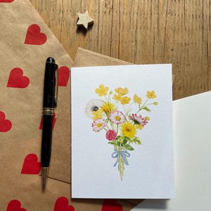 Watercolor Mother's Day greeting card, flower heart greeting card, spring floral card, handmade flower bouquet card