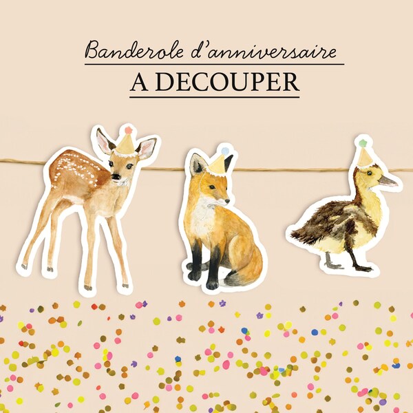 Banderole pour anniversaire enfant à découper animaux de la forêt avec chapeaux de fête, faon, renard, lapin, marcassin, mixte