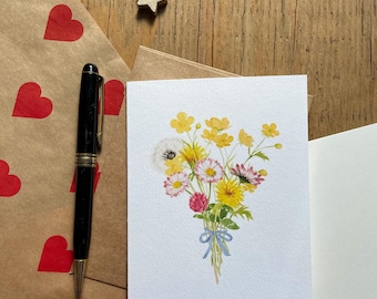 Watercolor Mother's Day greeting card, flower heart greeting card, spring floral card, handmade flower bouquet card