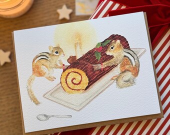 水彩クリスマス カード タミアスと丸太、ハッピー ホリデー、ウィッシュ カード、オリジナル水彩、手作りグリーティング カード、カナダ カード