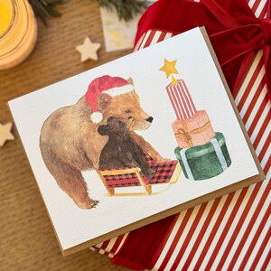 Carte de Noël aquarelle famille ours et cadeaux, Joyeuses Fêtes, carte de souhait, Aquarelle originale, Carte de voeux faite à la main