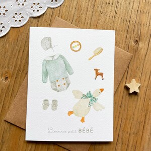Carte de naissance bienvenue bébé, carte félicitations naissance, carte pour bébé tenue de naissance, carte de naissance trousseau bébé
