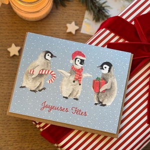 Carte de Noël pingouins aquarelle , carte de souhait, pingouins festifs mignons, Aquarelle Originale, Carte de voeux faite à la main