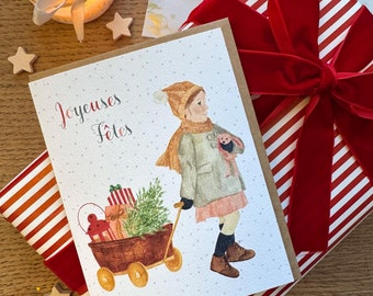 Aquarell Weihnachtskarte Mädchen Vintage Kutsche mit Geschenken, Frohe Feiertage Grußkarte, Handgemachte Grußkarte, Frohe Weihnachten