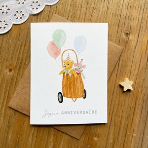 Carte d'anniversaire peluche enfant, carte d'anniversaire jouet enfant, carte d'anniversaire chariot osier, carte vintage bébé aquarelle