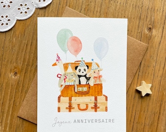Verjaardagskaart met knuffel voor kinderen, verjaardagskaart met speelgoed voor kinderen, verjaardagskaart met rieten koffer, aquarelkaart met kinderballon