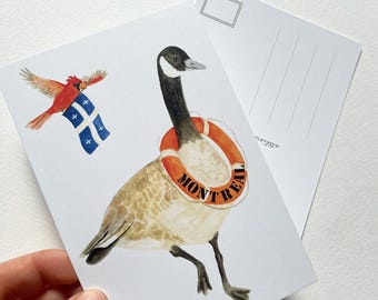 Postcard from Montreal: Barnacle Goose carrying a lifebuoy and Cardinal with Quebec flag, original watercolor illustration