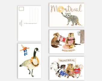Postcard from Montreal: SET OF 4 CARDS - Raccoon, beavers, goose, skunk and squirrel, maple syrup, Montreal Canadiens -